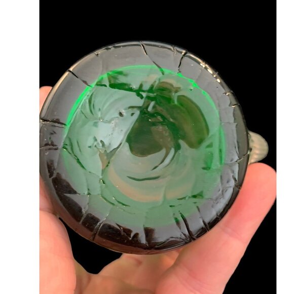 Vintage Green Blown Crackle Glass Pitcher BLENKO Applied Clear Handle 4" - Picture 4 of 8